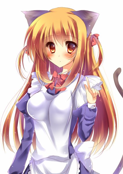Anime picture 1074x1517 with original amane ruri single long hair tall image blush simple background blonde hair red eyes white background animal ears cat ears maid cat girl cat tail girl headdress maid headdress