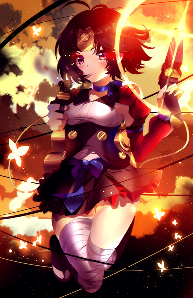 Anime picture 776x1200 with koutetsujou no kabaneri wit studio mumei (kabaneri) squchan single tall image looking at viewer blush short hair black hair sky cloud (clouds) bent knee (knees) pleated skirt pink eyes sunlight evening sunset jumping girl