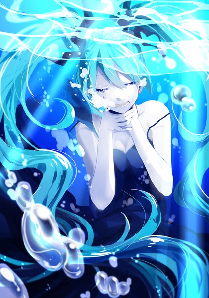 Anime picture 1231x1749 with vocaloid shinkai shoujo (vocaloid) hatsune miku pecchii single long hair tall image fringe breasts open mouth twintails bare shoulders blue hair eyes closed pale skin underwater girl dress ribbon (ribbons) hair ribbon