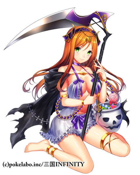 Anime picture 800x1000 with fuji minako single long hair tall image looking at viewer breasts light erotic white background green eyes barefoot orange hair halloween girl hair ornament weapon scythe