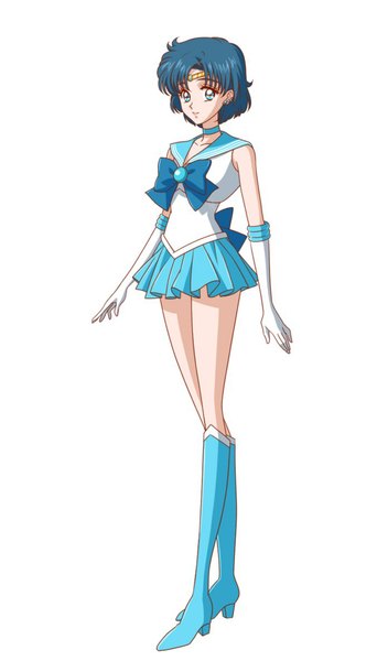 Anime picture 676x1183 with bishoujo senshi sailor moon toei animation mizuno ami sailor mercury single tall image looking at viewer short hair blue eyes simple background standing white background blue hair pleated skirt aqua hair alternate color girl skirt gloves bow