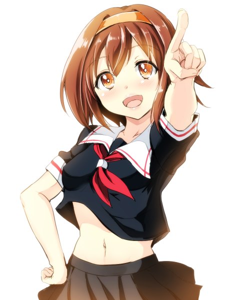 Anime picture 900x1200 with kantai collection shiratsuyu destroyer shiratsuyu (kantai collection) gin'ichi (akacia) single tall image blush short hair open mouth simple background brown hair white background orange eyes hand on hip outstretched arm girl skirt navel miniskirt hairband