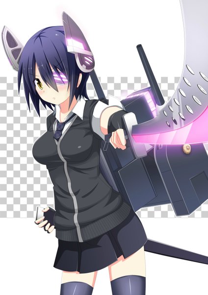 Anime picture 2232x3156 with kantai collection tenryuu light cruiser nugi (armenci) single tall image blush highres short hair white background yellow eyes purple hair pleated skirt checkered checkered background girl thighhighs skirt gloves uniform weapon