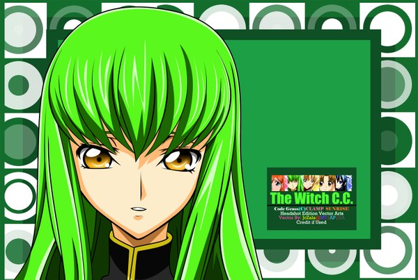 Anime picture 3000x2015 with code geass sunrise (studio) c.c. jczala single long hair fringe highres smile yellow eyes absurdres green hair inscription portrait face girl