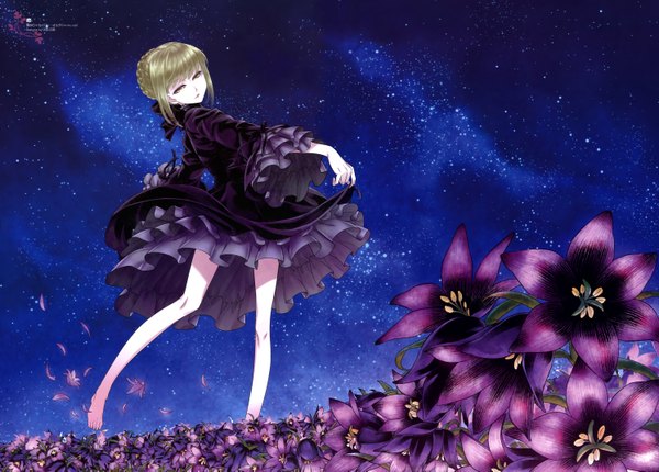 Anime picture 5975x4289 with fate (series) fate/hollow ataraxia type-moon artoria pendragon (all) saber alter single looking at viewer highres short hair blonde hair yellow eyes absurdres scan night girl dress flower (flowers) petals