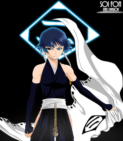 Anime picture 1100x1257 with bleach studio pierrot soifon raizen13 single tall image short hair simple background bare shoulders blue hair japanese clothes inscription grey eyes grin coloring black background girl weapon detached sleeves sword