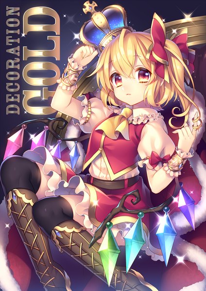 Anime picture 848x1200 with touhou flandre scarlet masaru.jp single tall image looking at viewer short hair blonde hair red eyes sitting inscription puffy sleeves one side up girl thighhighs skirt bow black thighhighs hair bow wings
