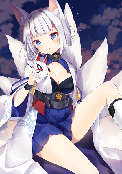 Anime picture 1275x1812 with azur lane kaga (azur lane) shiino sera (gelatin) single tall image blush fringe short hair breasts open mouth blue eyes light erotic sitting animal ears looking away sky cleavage silver hair cloud (clouds) tail