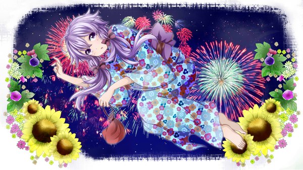 Anime picture 4000x2250 with vocaloid yuzuki yukari kanna (chaos966) single long hair blush highres open mouth wide image purple eyes twintails absurdres purple hair traditional clothes japanese clothes barefoot low twintails looking up fireworks girl