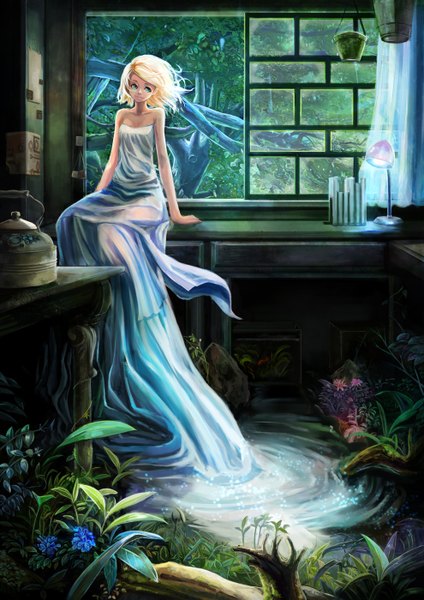 Anime picture 990x1400 with original yoshifumi (4423) tall image short hair blonde hair sitting bare shoulders aqua eyes light smile wind girl dress flower (flowers) plant (plants) tree (trees) water window curtains table fish (fishes)