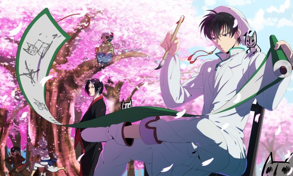 Anime picture 1700x1020 with hoozuki no reitetsu wit studio tagme (character) hoozuki (hoozuki no reitetsu) hakutaku (hoozuki no reitetsu) nasubi (hoozuki no reitetsu) karauri shiro (hoozuki no reitetsu) kakisuke (hoozuki no reitetsu) momotarou (hoozuki no reitetsu) rurio (hoozuki no reitetsu) ruyow fringe short hair black hair wide image standing sitting holding traditional clothes