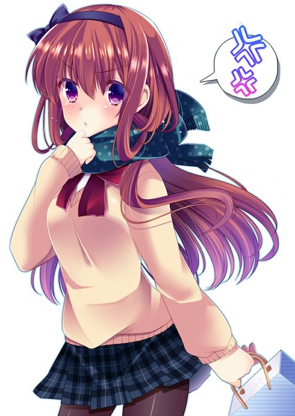 Anime picture 800x1129 with original agekichi (heart shape) single long hair tall image looking at viewer blush simple background brown hair white background purple eyes girl skirt hairband scarf sweater