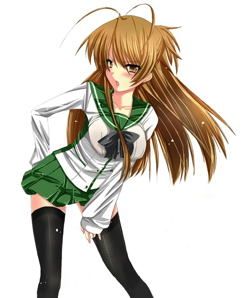 Anime picture 1500x1800 with highschool of the dead madhouse miyamoto rei amane ruri single long hair tall image blush open mouth light erotic simple background brown hair white background brown eyes ahoge girl thighhighs skirt uniform black thighhighs