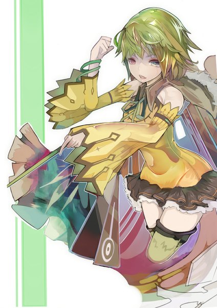 Anime picture 800x1131 with vocaloid gumi shisu (binzo3) single tall image short hair open mouth simple background white background bare shoulders green hair heterochromia girl thighhighs detached sleeves bracelet wand