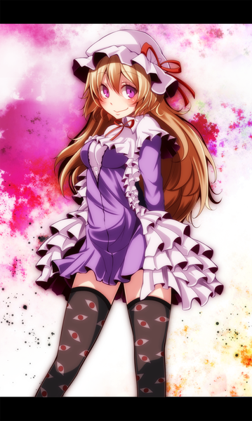 Anime picture 1197x2000 with touhou maribel hearn s-syogo single long hair tall image looking at viewer blush blonde hair smile purple eyes eyes in odd places girl thighhighs dress bonnet