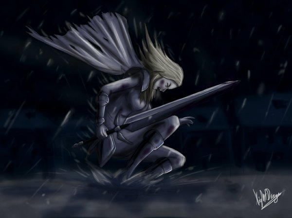 Anime picture 1079x807 with claymore madhouse miria single short hair open mouth blonde hair signed white hair eyes closed rain girl weapon sword