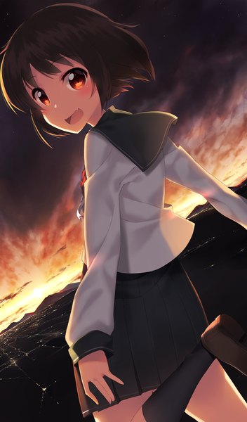 Anime picture 640x1091 with original 7zu7 single tall image looking at viewer blush short hair open mouth brown hair brown eyes pleated skirt looking back teeth fang (fangs) turning head landscape scenic girl skirt uniform