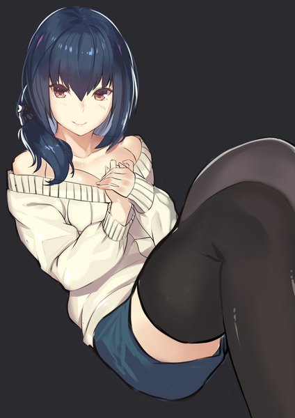 Anime picture 1265x1789 with original kagematsuri single long hair tall image looking at viewer fringe light erotic simple background smile hair between eyes sitting bare shoulders brown eyes blue hair zettai ryouiki hand on chest black background hands clasped girl