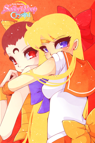 Anime picture 667x1000 with bishoujo senshi sailor moon toei animation aino minako sailor venus ayakashi calaveras thanatosrising long hair tall image looking at viewer blonde hair simple background red eyes brown hair purple eyes multiple girls looking back hug turning head facial mark holding hands