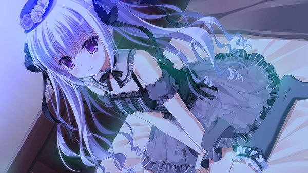 Anime picture 1280x720 with d.s. -dal segno- circus (studio) kouzuki io single long hair blush wide image sitting purple eyes bare shoulders looking away game cg bent knee (knees) white hair lips loli dutch angle embarrassed no shoes wariza