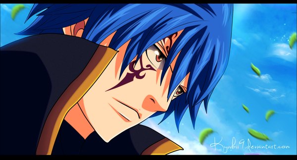 Anime picture 1280x693 with fairy tail jellal fernandes kyuubii9 single short hair wide image brown eyes blue hair sky cloud (clouds) tattoo coloring facial mark close-up face boy leaf (leaves)