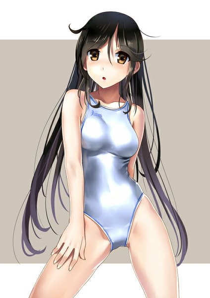 Anime picture 566x800 with original asics katahira masashi single long hair tall image looking at viewer blush breasts light erotic black hair simple background brown eyes girl swimsuit one-piece swimsuit competition swimsuit