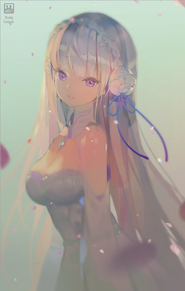 Anime picture 573x899 with re:zero kara hajimeru isekai seikatsu white fox emilia (re:zero) crab d single long hair tall image looking at viewer fringe simple background purple eyes bare shoulders signed cleavage silver hair upper body blunt bangs hair flower girl flower (flowers)