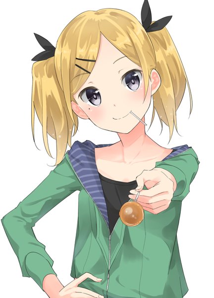 Anime picture 1216x1688 with shirobako p.a. works yano erika musk tiger single long hair tall image looking at viewer blush blonde hair simple background smile white background twintails grey eyes girl ribbon (ribbons) hair ribbon food sweets