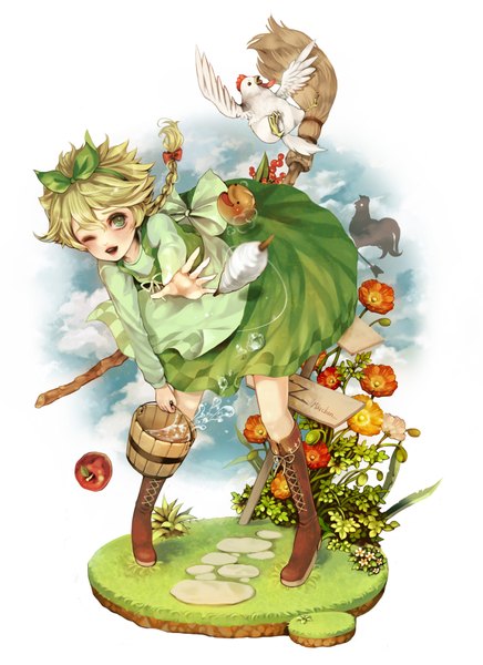 Anime picture 1664x2288 with sound horizon idoko ns (pixiv) single tall image short hair blonde hair green eyes braid (braids) one eye closed wink girl dress flower (flowers) bow plant (plants) hair bow animal bird (birds) thigh boots