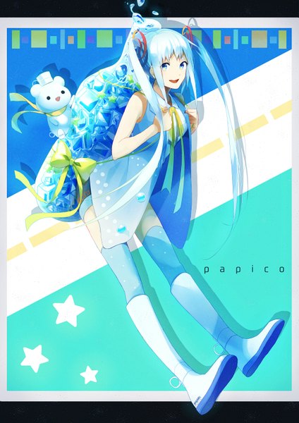 Anime picture 2091x2956 with original papico (ice cream) papico p.rupon single long hair tall image looking at viewer highres open mouth blue eyes twintails bare shoulders blue hair character names girl thighhighs bow knee boots