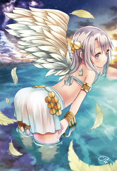 Anime picture 1000x1452 with original haruken single tall image looking at viewer blush fringe short hair light erotic bare shoulders sky cloud (clouds) white hair looking back multicolored hair partially submerged evening sunset mountain angel wings