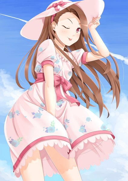 Anime picture 827x1169 with idolmaster minase iori miri (ago550421) single long hair tall image brown hair cloud (clouds) one eye closed pink eyes wink :p girl dress hat tongue sundress