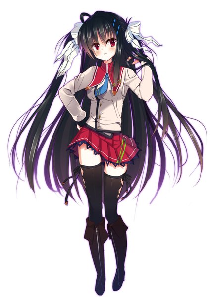 Anime picture 1158x1637 with original kinoko5123 single long hair tall image blush fringe black hair simple background red eyes white background looking away ahoge pleated skirt hand on hip adjusting hair girl thighhighs skirt uniform