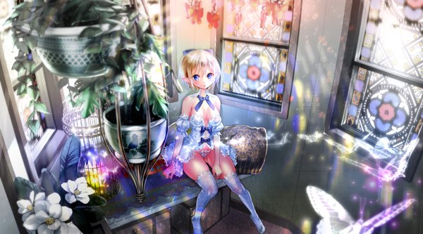 Anime picture 1440x800 with original didi amen looking at viewer fringe short hair breasts blue eyes light erotic blonde hair wide image sitting bare shoulders bent knee (knees) parted lips pointy ears sunlight short sleeves flying girl underwear