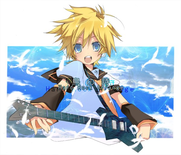 Anime picture 1200x1033 with vocaloid kagamine len hekicha short hair open mouth blue eyes blonde hair sky boy detached sleeves feather (feathers) guitar