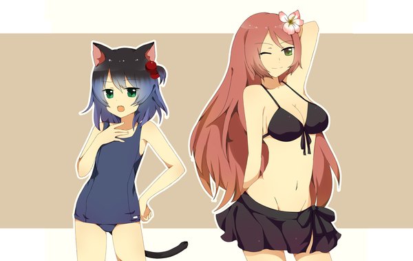 Anime picture 2300x1454 with utau ryone yami saru to yami long hair highres short hair open mouth light erotic multiple girls green eyes animal ears blue hair pink hair one eye closed multicolored hair wink cat ears cat girl cat tail girl