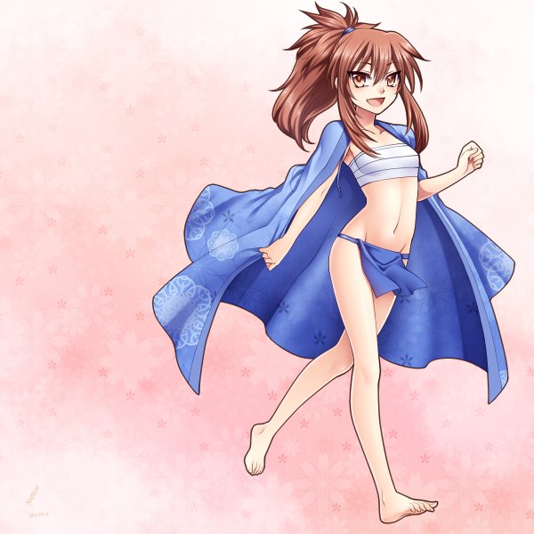 Anime picture 1200x1200 with original konshin single long hair blush open mouth light erotic smile brown hair brown eyes ponytail barefoot bare legs midriff girl navel