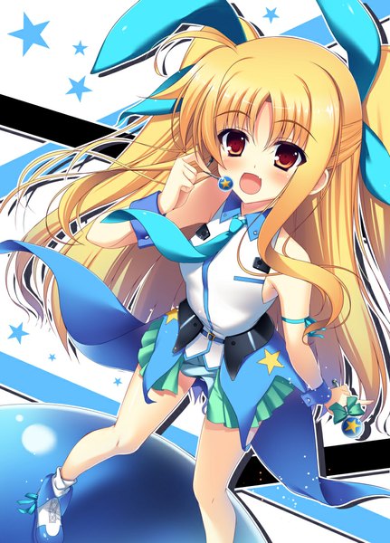 Anime picture 794x1104 with mahou shoujo lyrical nanoha alicia testarossa raiou single long hair tall image looking at viewer blush open mouth blonde hair red eyes girl dress bow hair bow necktie star (symbol) microphone