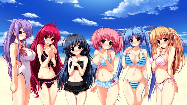 Anime picture 2080x1170 with kamikaze explorer! himekawa fuuka yuutenji mishio okihara kotoha hayase manami usami saori kageura tomo oshiki hitoshi long hair highres short hair breasts light erotic black hair blonde hair red eyes wide image large breasts twintails purple eyes