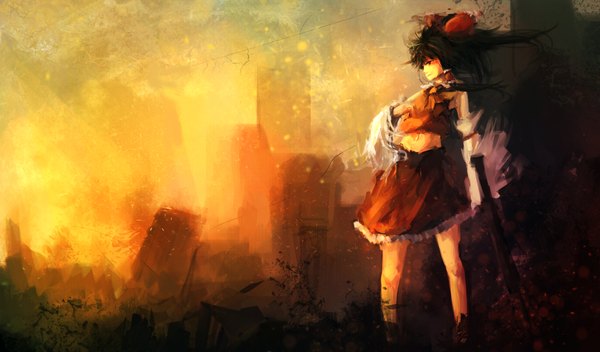 Anime picture 2210x1297 with touhou hakurei reimu gracehoo single long hair highres black hair red eyes wide image profile girl skirt navel bow hair bow detached sleeves skirt set red skirt
