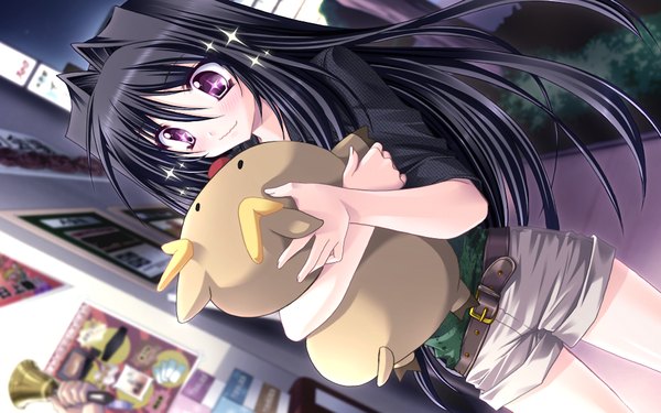 Anime picture 1024x640 with hatsukoi yohou (game) long hair blush black hair wide image game cg pink eyes girl shorts