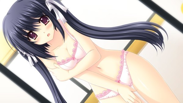 Anime picture 1280x720 with world wide love! (game) long hair light erotic black hair red eyes wide image twintails game cg underwear only girl underwear panties