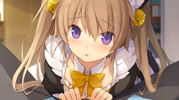 Anime picture 1920x1080 with ao no kanata no four rhythm sprite (company) arisaka mashiro akinashi yuu long hair looking at viewer blush fringe highres light erotic hair between eyes brown hair wide image twintails purple eyes game cg maid solo focus girl boy