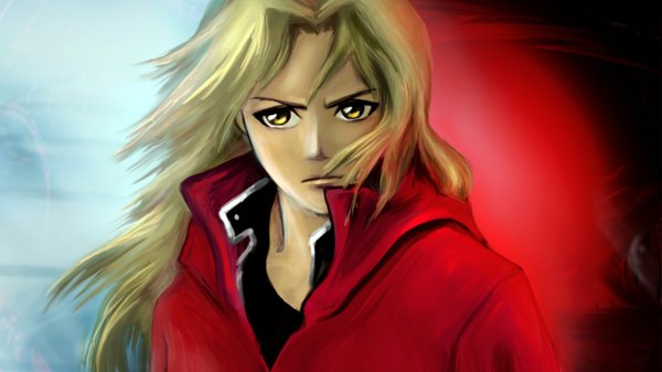 Anime picture 1600x900 with fullmetal alchemist fullmetal alchemist brotherhood studio bones edward elric single long hair blonde hair wide image yellow eyes open collar boy