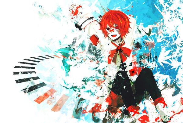 Anime picture 1600x1075 with vocaloid fukase (vocaloid) ruuya single looking at viewer fringe short hair open mouth smile hair between eyes red eyes sitting full body bent knee (knees) red hair long sleeves :d arm up wide sleeves arms up