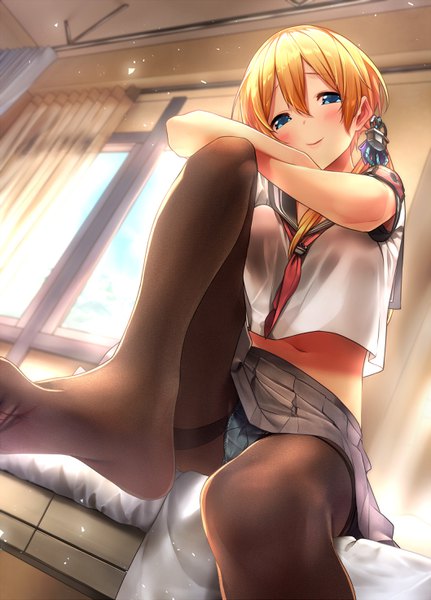 Anime picture 2116x2943 with kantai collection prinz eugen (kantai collection) baffu single long hair tall image looking at viewer blush fringe highres blue eyes light erotic hair between eyes sitting twintails bent knee (knees) from below midriff low twintails girl