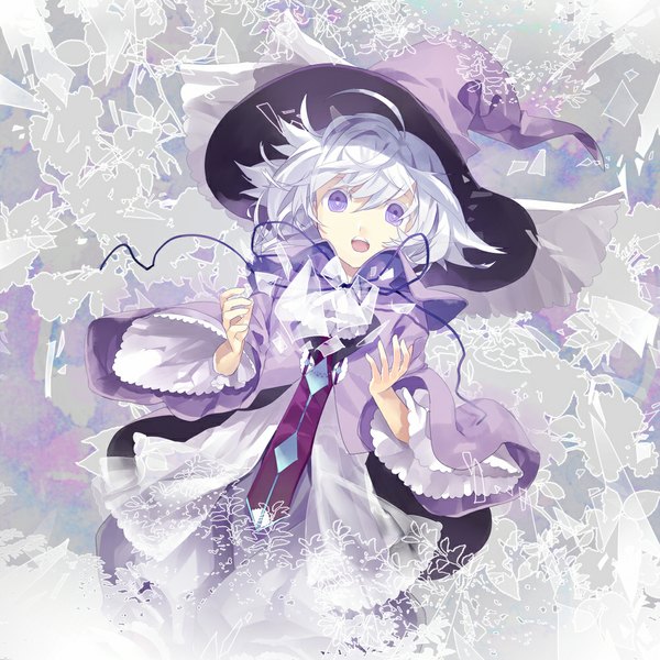 Anime picture 1000x1000 with original shionty single short hair open mouth purple eyes silver hair ahoge grey background wide sleeves dutch angle girl hat witch hat debris