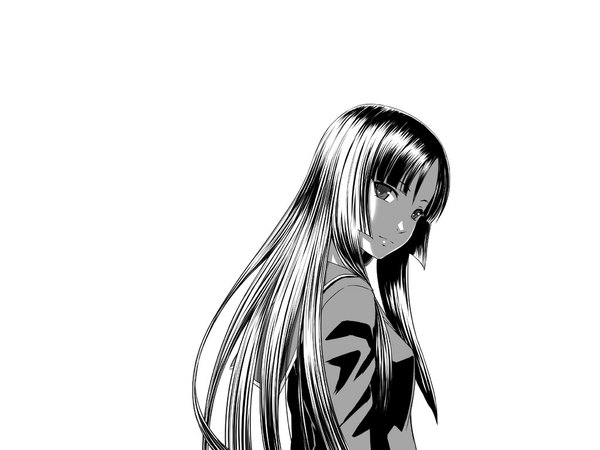 Anime picture 1024x768 with ga-rei zero isayama yomi single long hair black hair simple background white background looking back monochrome girl uniform school uniform