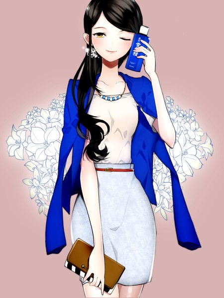 Anime picture 2631x3508 with original sekkisei setsuko kimijima0301 single long hair tall image looking at viewer blush highres black hair smile standing yellow eyes eyes closed one eye closed wink floral print girl flower (flowers)