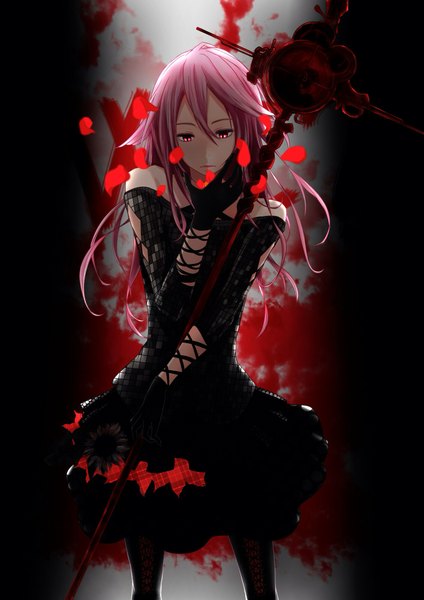 Anime picture 1414x2000 with guilty crown production i.g yuzuriha inori egoist single long hair tall image fringe red eyes standing bare shoulders holding pink hair wind looking down dark background girl dress gloves hair ornament